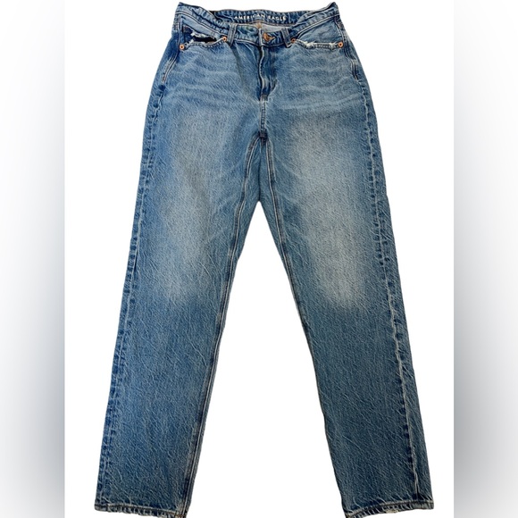 American Eagle Outfitters Denim - American Eagle Straight Mom High Rise Light Wash Blue Jeans Distressed Pockets 2